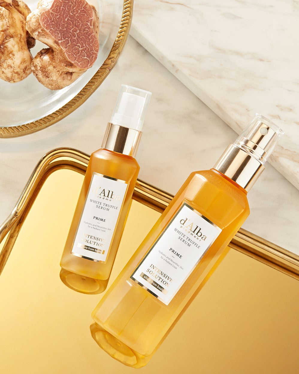 A 100ml bottle of d'Alba White Truffle Prime Intensive Serum, a luxurious facial serum formulated with white truffles for deep hydration and a radiant glow