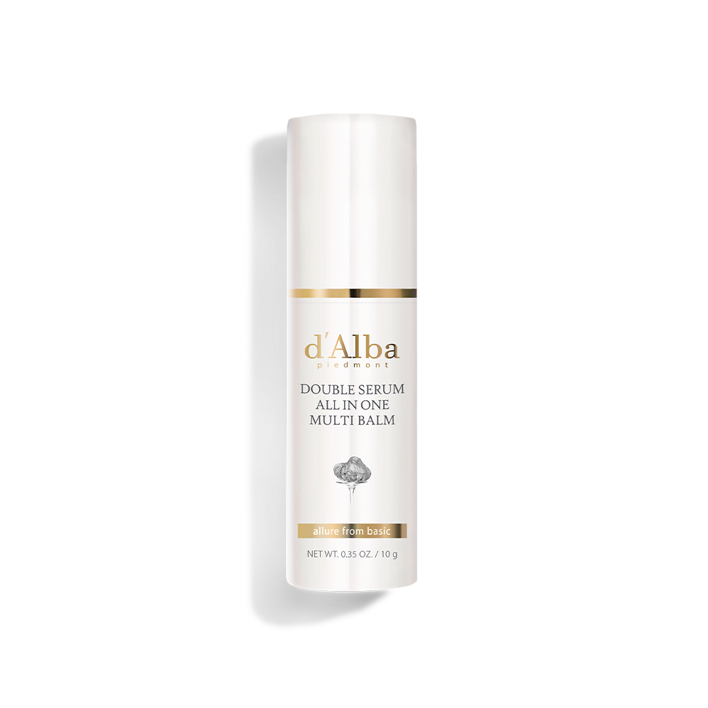 d'Alba Double Serum All-In-One Multi Balm, a 10g stick combining wrinkle reduction, brightening, and hydration for a radiant complexion.