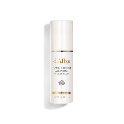 d'Alba Double Serum All-In-One Multi Balm, a 10g stick combining wrinkle reduction, brightening, and hydration for a radiant complexion.