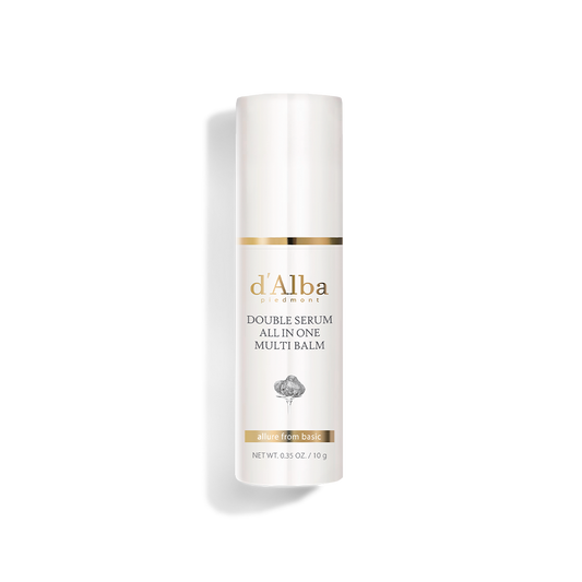 d'Alba Double Serum All-In-One Multi Balm, a 10g stick combining wrinkle reduction, brightening, and hydration for a radiant complexion.