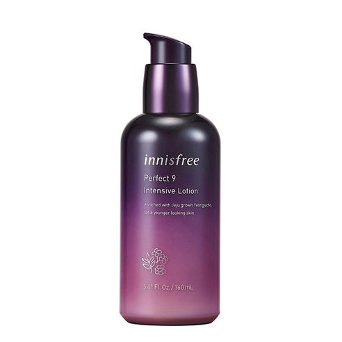 Innisfree Perfect 9 Intensive Lotion bottle, 160ml. Lightweight, moisturizing lotion for all skin types.