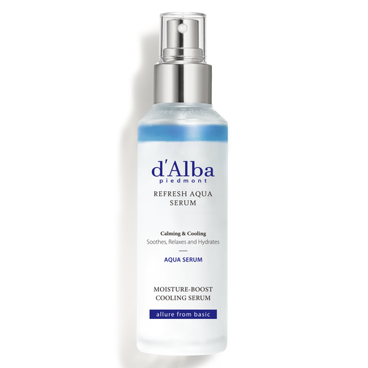 150ml bottle of d'Alba White Truffle Refresh Aqua Serum, a blue, hydrating facial serum for all skin types.