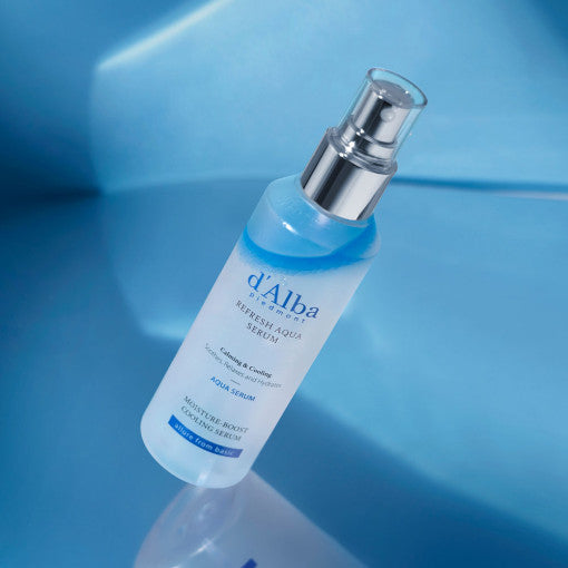 150ml bottle of d'Alba White Truffle Refresh Aqua Serum, a blue, hydrating facial serum for all skin types.