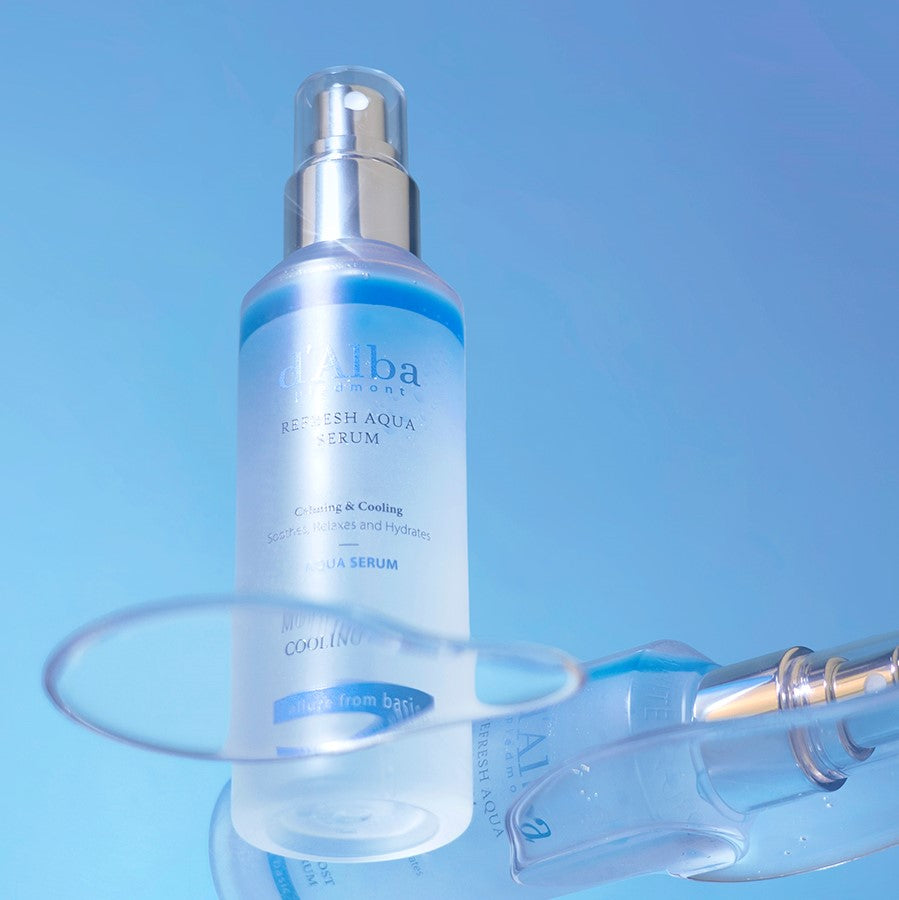 150ml bottle of d'Alba White Truffle Refresh Aqua Serum, a blue, hydrating facial serum for all skin types.