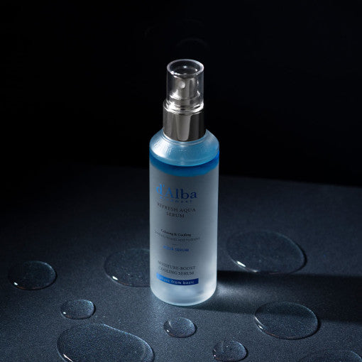 150ml bottle of d'Alba White Truffle Refresh Aqua Serum, a blue, hydrating facial serum for all skin types.