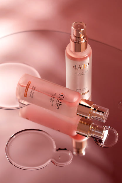 100ml spray bottle of d'Alba White Truffle Vital Spray Serum, a Korean skincare product with white truffle extract for hydration and a radiant complexion.