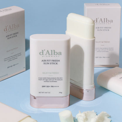 19g stick of d'Alba Air Fit Fresh Sun Stick, a lightweight, refreshing sunscreen with SPF 50+ PA++++ protection.