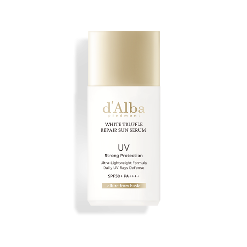 d'Alba White Truffle Repair Sun Serum, a 35ml bottle of lightweight, moisturizing sunscreen with SPF50+ protection.