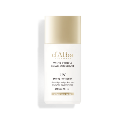 d'Alba White Truffle Repair Sun Serum, a 35ml bottle of lightweight, moisturizing sunscreen with SPF50+ protection.