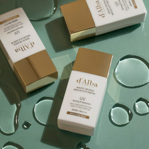 d'Alba White Truffle Repair Sun Serum, a 35ml bottle of lightweight, moisturizing sunscreen with SPF50+ protection.