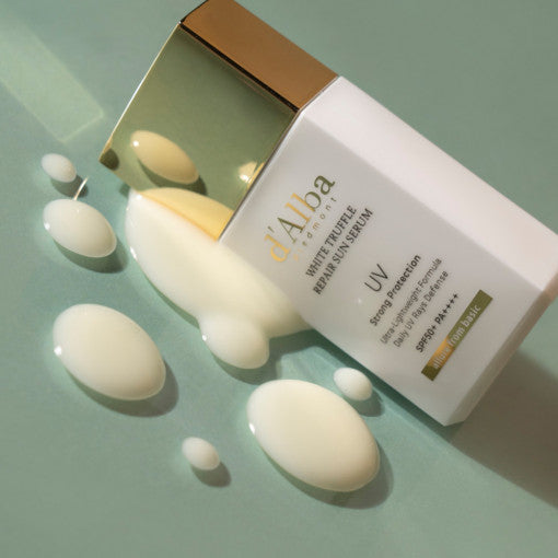 d'Alba White Truffle Repair Sun Serum, a 35ml bottle of lightweight, moisturizing sunscreen with SPF50+ protection.