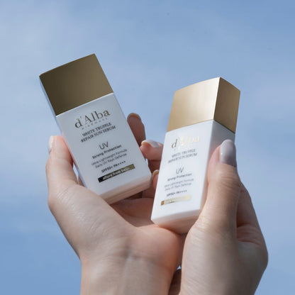 d'Alba White Truffle Repair Sun Serum, a 35ml bottle of lightweight, moisturizing sunscreen with SPF50+ protection.