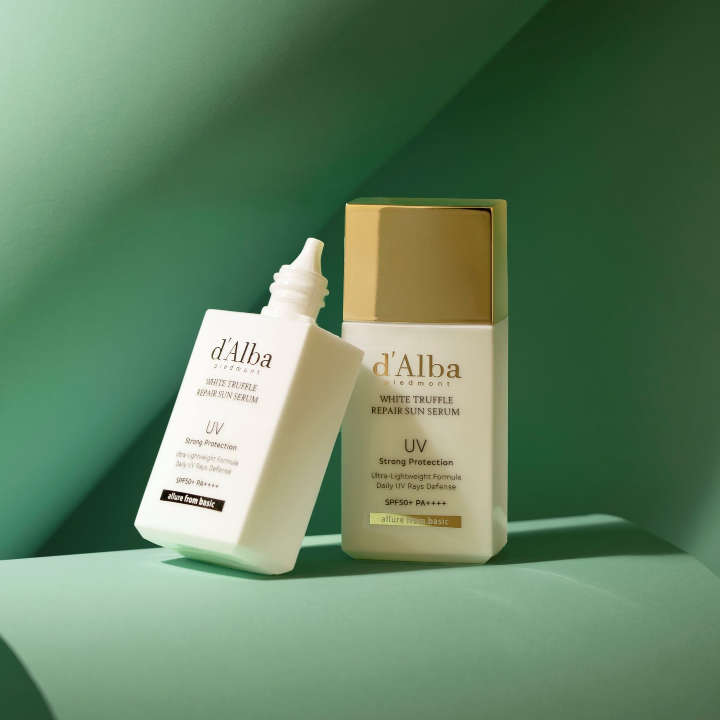 d'Alba White Truffle Repair Sun Serum, a 35ml bottle of lightweight, moisturizing sunscreen with SPF50+ protection.