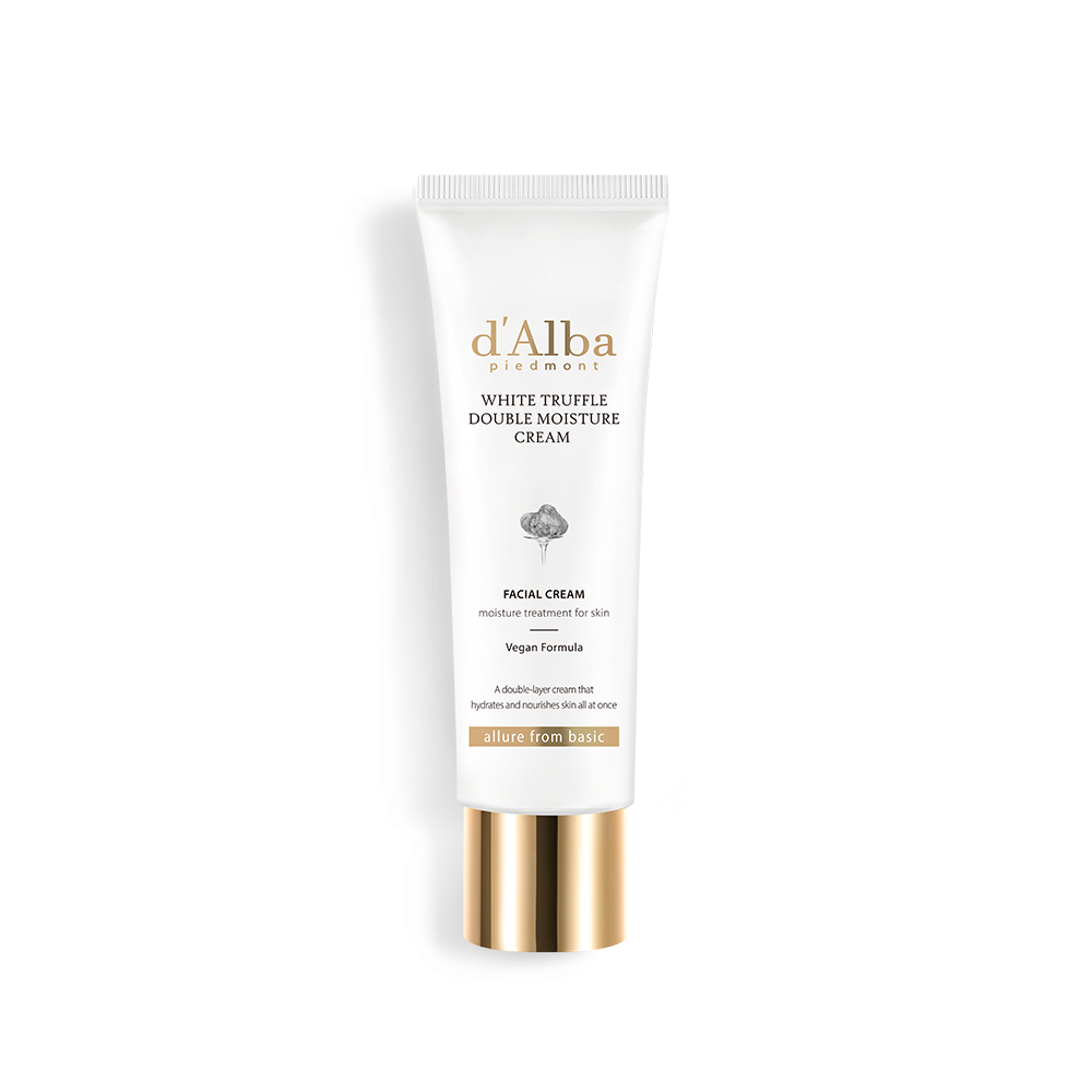 d'Alba White Truffle Double Moisture Cream, a 2-in-1 moisturizer with serum and cream for deep hydration and a youthful glow.