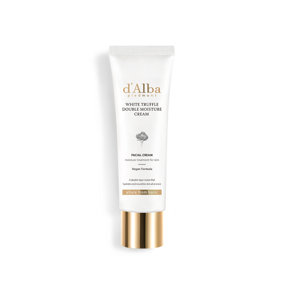 d'Alba White Truffle Double Moisture Cream, a 2-in-1 moisturizer with serum and cream for deep hydration and a youthful glow.