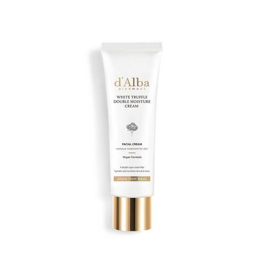 d'Alba White Truffle Double Moisture Cream, a 2-in-1 moisturizer with serum and cream for deep hydration and a youthful glow.