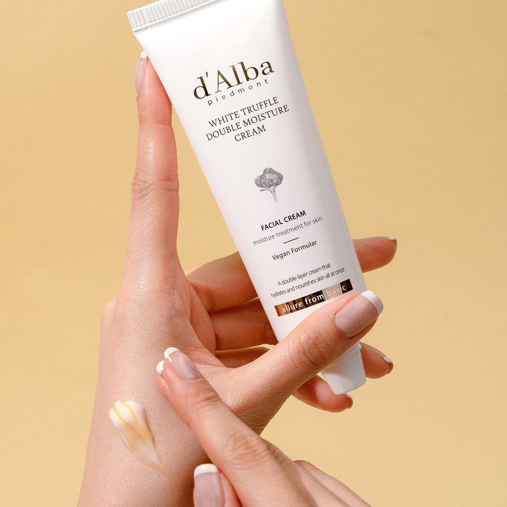 d'Alba White Truffle Double Moisture Cream, a 2-in-1 moisturizer with serum and cream for deep hydration and a youthful glow.