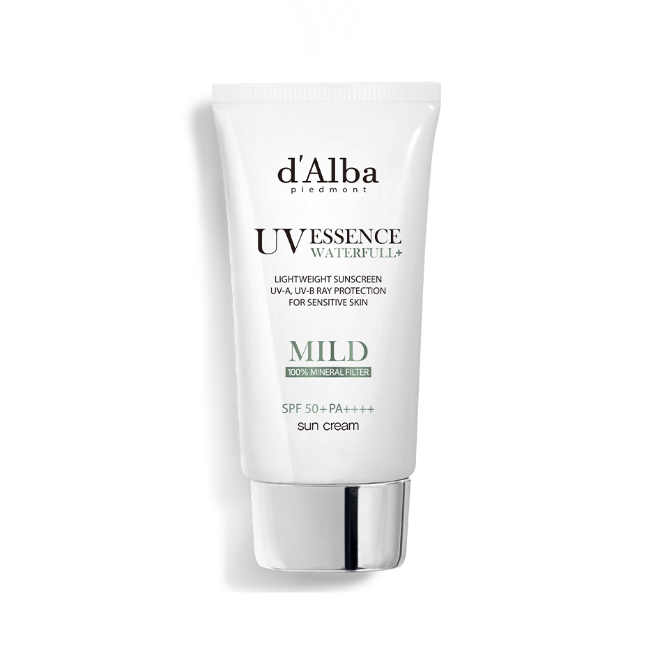 d'Alba Waterfull Mild Sun Cream, a physical sunscreen with SPF50+ PA++++ for broad spectrum UVA and UVB protection. 50ml tube.