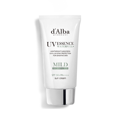 d'Alba Waterfull Mild Sun Cream, a physical sunscreen with SPF50+ PA++++ for broad spectrum UVA and UVB protection. 50ml tube.