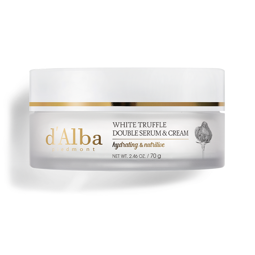 d'Alba White Truffle Double Serum & Cream, a Korean skincare product with white truffle and vegan collagen for a radiant finish.