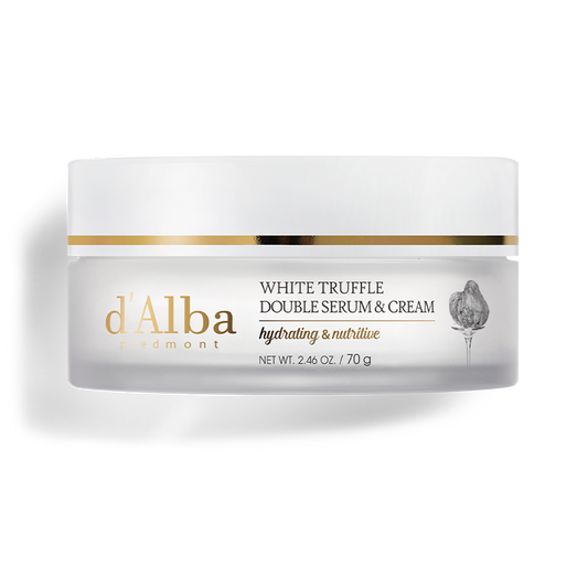 d'Alba White Truffle Double Serum & Cream, a Korean skincare product with white truffle and vegan collagen for a radiant finish.