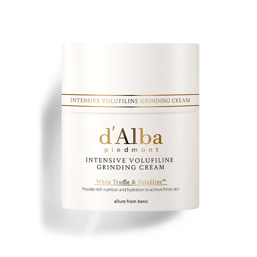 Jar of d'Alba Intensive Volufiline Grinding Cream, a Korean skincare product that dispenses fresh, collagen-rich cream for firmer, more elastic skin.