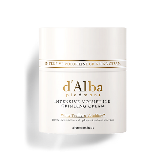 Jar of d'Alba Intensive Volufiline Grinding Cream, a Korean skincare product that dispenses fresh, collagen-rich cream for firmer, more elastic skin.