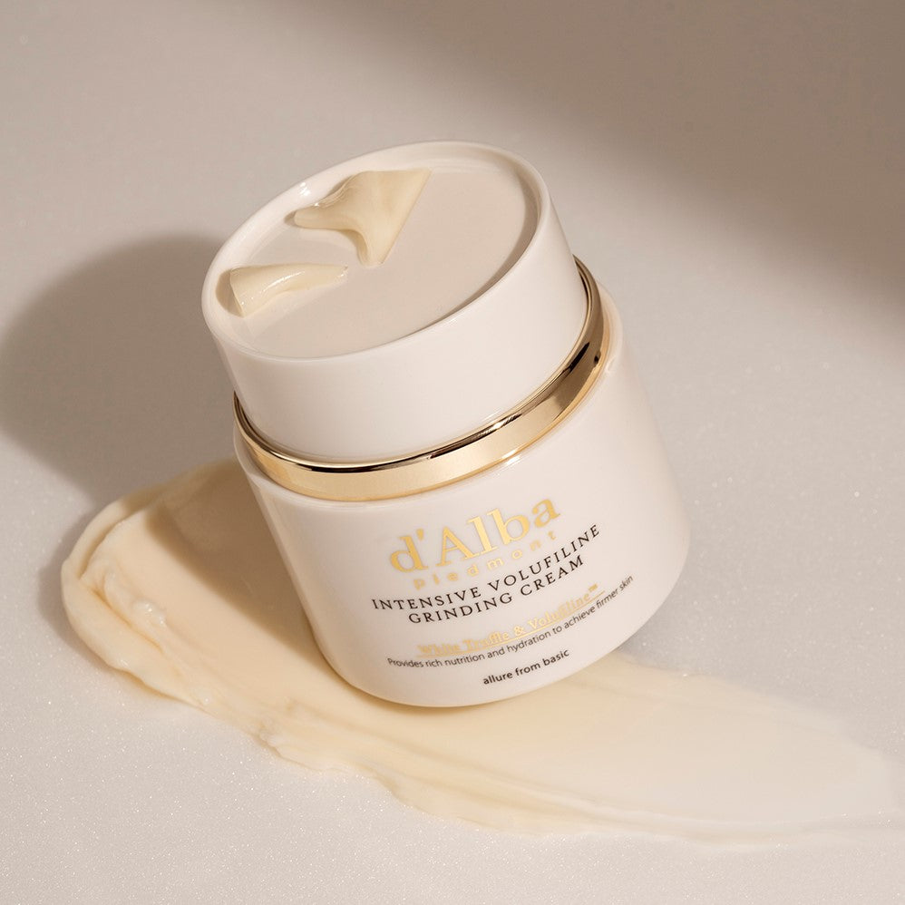 Jar of d'Alba Intensive Volufiline Grinding Cream, a Korean skincare product that dispenses fresh, collagen-rich cream for firmer, more elastic skin.