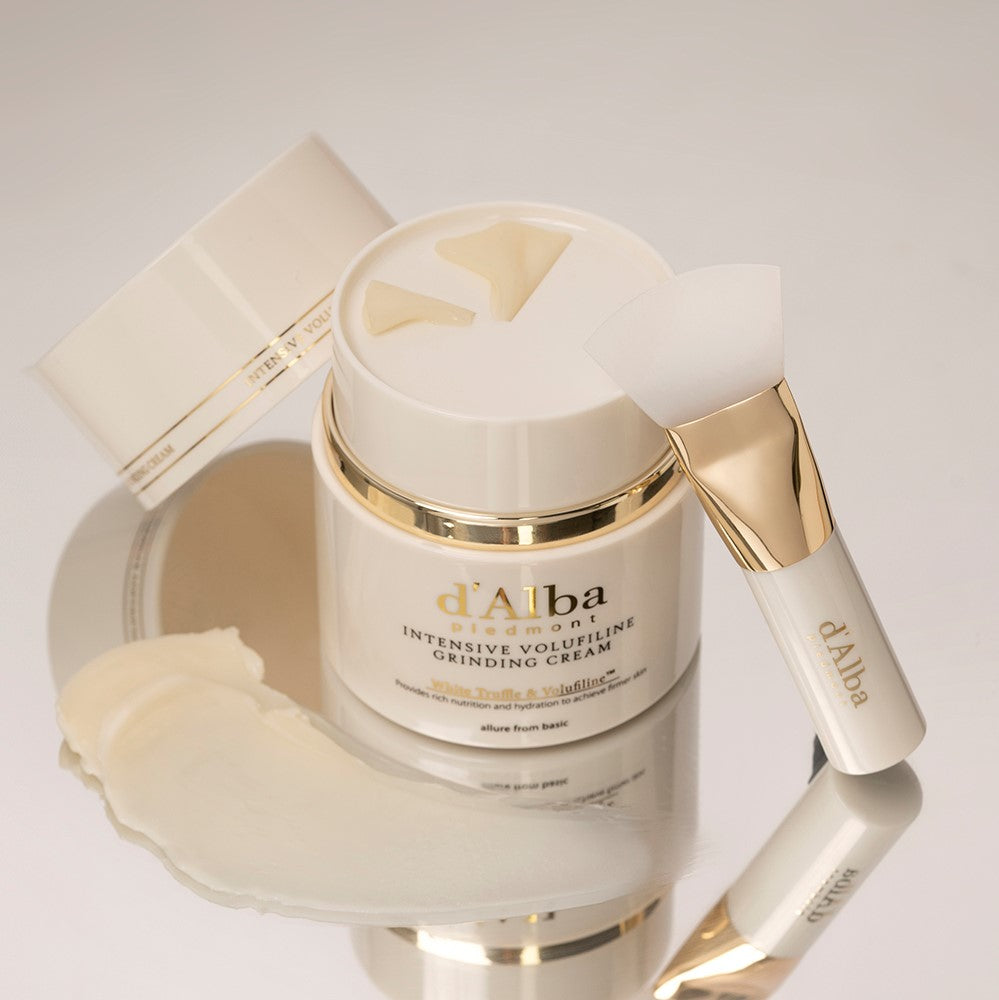 Jar of d'Alba Intensive Volufiline Grinding Cream, a Korean skincare product that dispenses fresh, collagen-rich cream for firmer, more elastic skin.