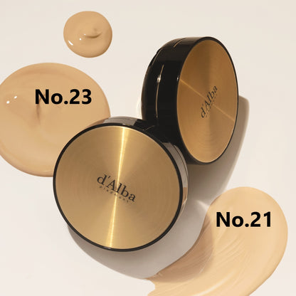 d'Alba Glow Fit Serum Cover Cushion SPF50+ PA++++ in shade No. 21, a lightweight cushion foundation with SPF sun protection and a radiant finish.