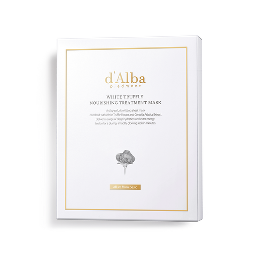 Box containing five white truffle nourishing treatment sheet masks for a spa-like facial treatment at home.