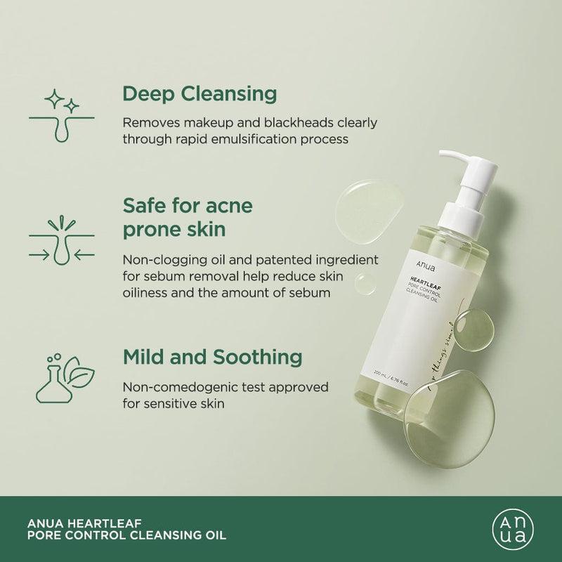 A 200ml bottle of [Anua] Heartleaf Pore Control Cleansing Oil, featuring a minimalist design with a white label and black text. The bottle is transparent, showing the light-colored cleansing oil inside.