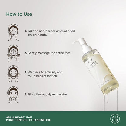 A 200ml bottle of [Anua] Heartleaf Pore Control Cleansing Oil, featuring a minimalist design with a white label and black text. The bottle is transparent, showing the light-colored cleansing oil inside.