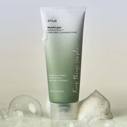 150ml tube of ANUA Heartleaf Quercetin Pore Deep Cleansing Foam, a gentle foaming cleanser that removes excess oil and impurities.