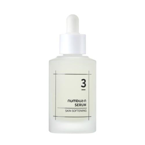 Clear bottle with dropper applicator for Numbuzin No. 3 Skin Softening Serum, formulated to address uneven texture and enlarged pores.