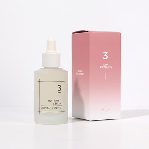 Clear bottle with dropper applicator for Numbuzin No. 3 Skin Softening Serum, formulated to address uneven texture and enlarged pores.