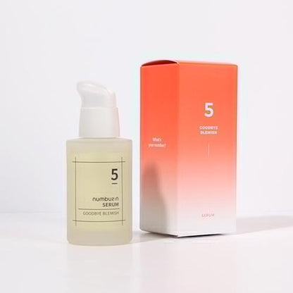 Numbuzin No. 5 Goodbye Blemish Serum, a 50ml bottle of Korean skincare serum for reducing blemishes and brightening skin tone.