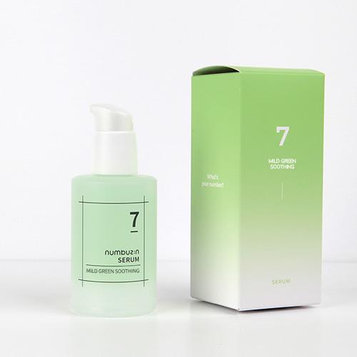 50ml bottle of Numbuzin No. 7 Mild Green Soothing Serum, a green-colored, water-gel texture for calming and hydrating sensitive skin.