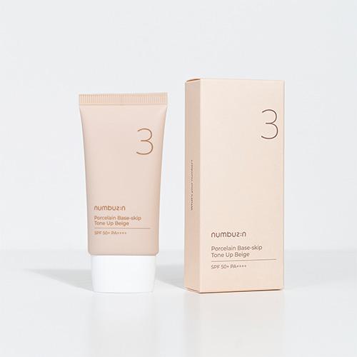 Numbuzin No.3 Porcelain Base-Skip Tone Up Beige, a lightweight, buildable foundation with sun protection and pore-blurring primer for a natural finish (suitable for fair skin tones).