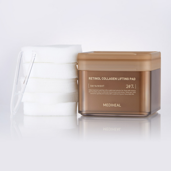 Box containing 100 Mediheal Retinol Collagen Lifting Pads, facial pads for reducing wrinkles and lifting the skin.