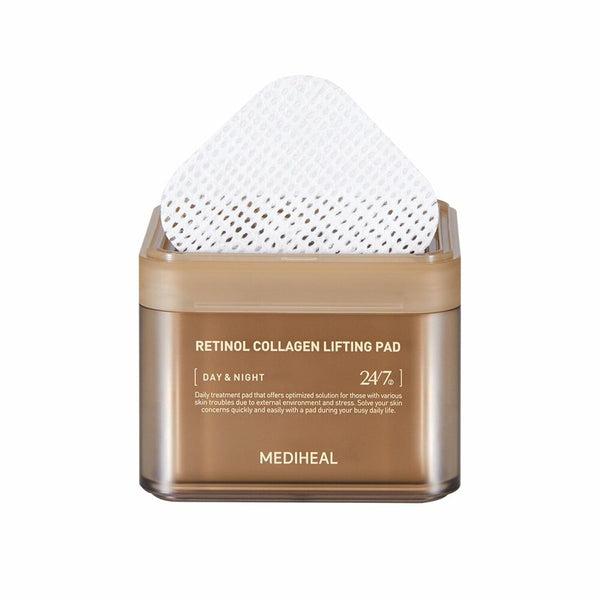 Box containing 100 Mediheal Retinol Collagen Lifting Pads, facial pads for reducing wrinkles and lifting the skin.