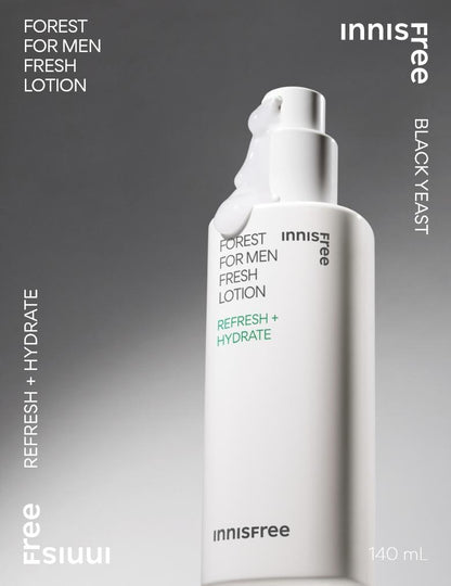 A 140ml bottle of Innisfree Forest For Men Fresh Lotion. This is a lightweight, hydrating lotion designed for men's skin.