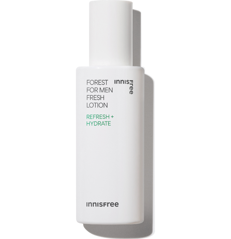 A 140ml bottle of Innisfree Forest For Men Fresh Lotion. This is a lightweight, hydrating lotion designed for men's skin.