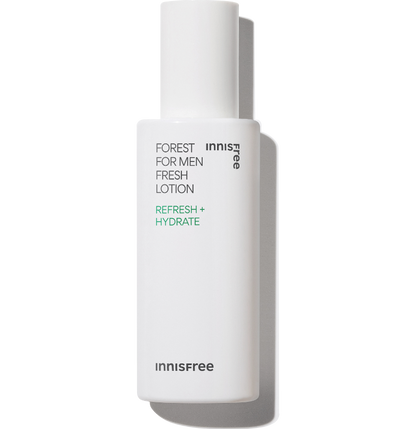 A 140ml bottle of Innisfree Forest For Men Fresh Lotion. This is a lightweight, hydrating lotion designed for men's skin.