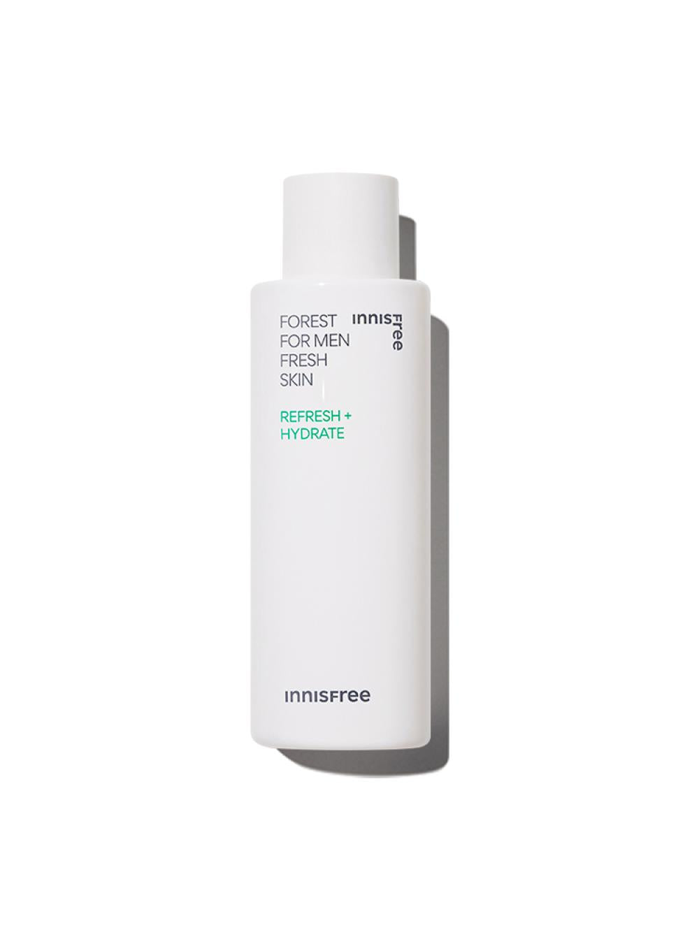 Innisfree Forest For Men Fresh Skin is a 180ml bottle of hypoallergenic toner or moisturizer formulated for men's skin. It contains Jeju black yeast to protect and improve skin health.