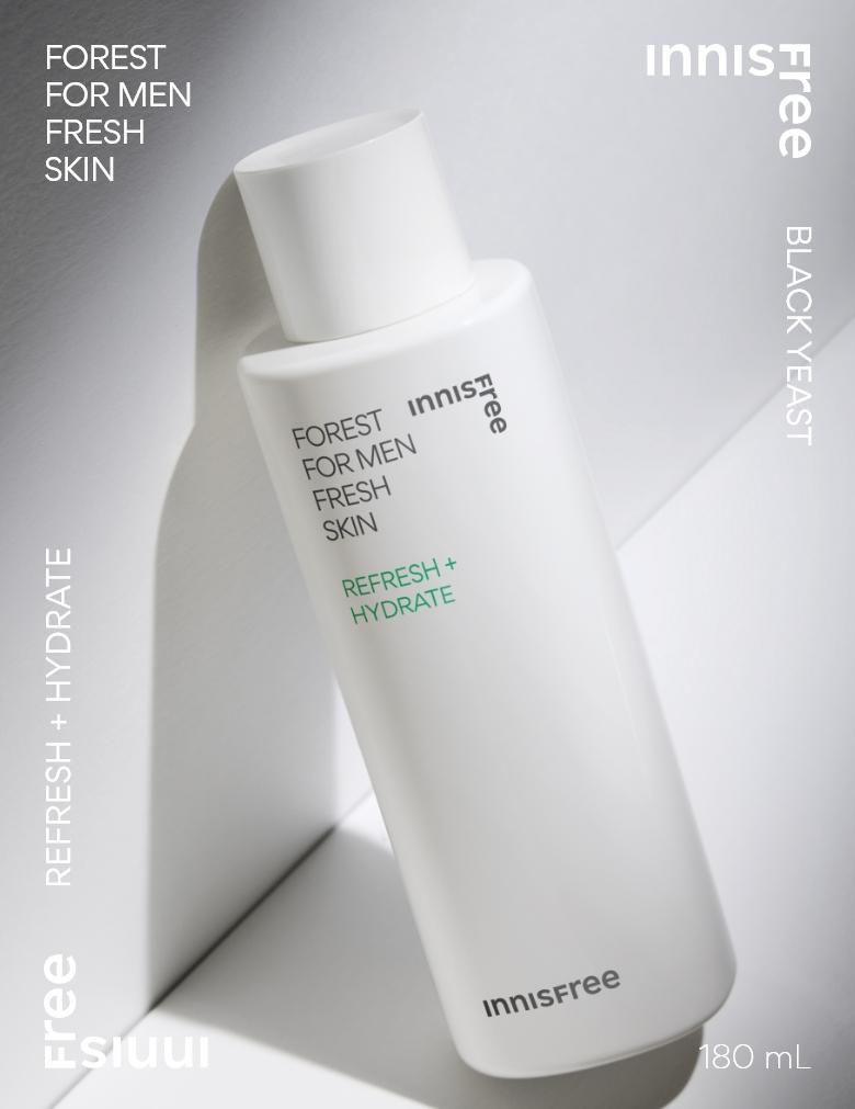 Innisfree Forest For Men Fresh Skin is a 180ml bottle of hypoallergenic toner or moisturizer formulated for men's skin. It contains Jeju black yeast to protect and improve skin health.