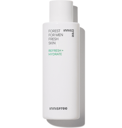 Innisfree Forest For Men Fresh Skin is a 180ml bottle of hypoallergenic toner or moisturizer formulated for men's skin. It contains Jeju black yeast to protect and improve skin health.