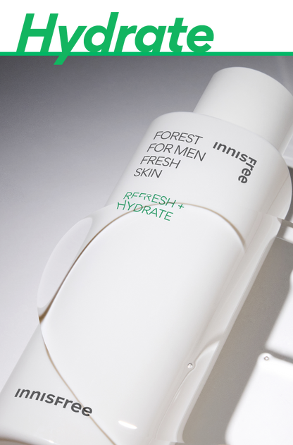 Innisfree Forest For Men Fresh Skin is a 180ml bottle of hypoallergenic toner or moisturizer formulated for men's skin. It contains Jeju black yeast to protect and improve skin health.