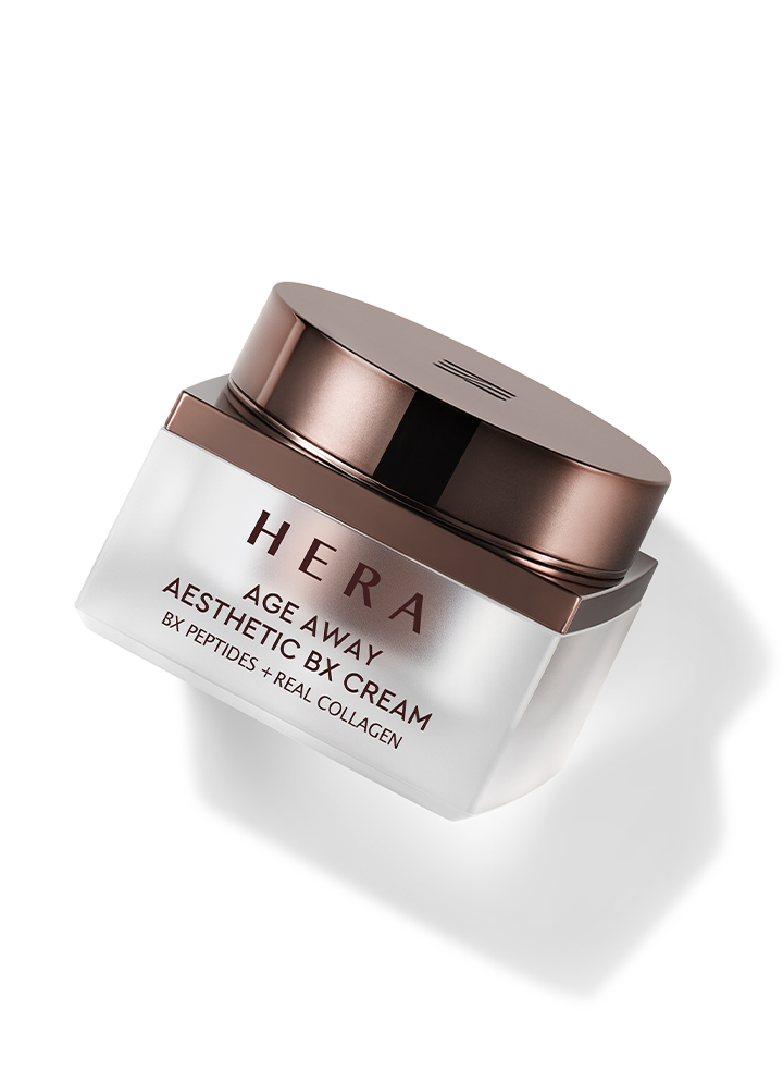 A 50ml jar of Hera Age Away Aesthetic BX Cream, an anti-aging facial moisturizer.