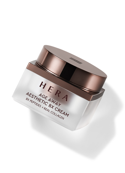 A 50ml jar of Hera Age Away Aesthetic BX Cream, an anti-aging facial moisturizer.